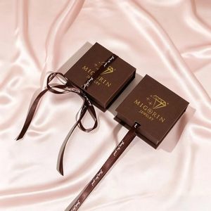 Luxury Brown <b>Black</b> Pink Jewelry <b>Box</b> with Custom Logo Ribbon Closure Flip Top Cardboard <b>Box</b> - Product Image 1