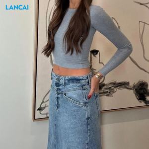 Jupe en <span class=keywords><strong>jean</strong></span> rétro de haute qualité, bouton irrégulier, taille haute, jupe fendue maxi, jupe en <span class=keywords><strong>jean</strong></span> bleue pour femmes - Product Image 4