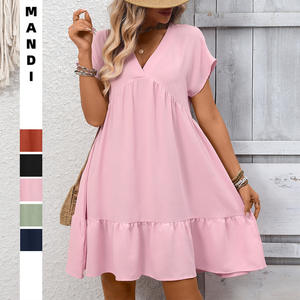 Robe décontractée d'été pour femme, couleur unie, coupe droite, courte, grande taille, col en V à volants, en mousseline de soie, taille haute, respirante, coupe trapèze - Product Image 2