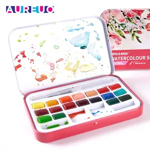 Aureuo 18 צבעים ניידים קופסת פח יבש צבע מים פרחוני סט עם עט מזרקה