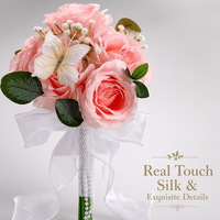 Bouquet de mariée artificiel en forme de rose avec décor papillon, ruban en organza et guirlande de perles, fleur artificielle pour la mariée