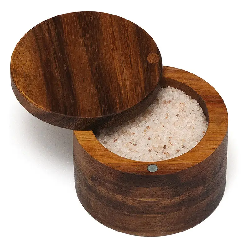 Custom Size Round Wooden Salt Box For Kitchen Storage Acacia Wood Spice and Salt Jar With Lid