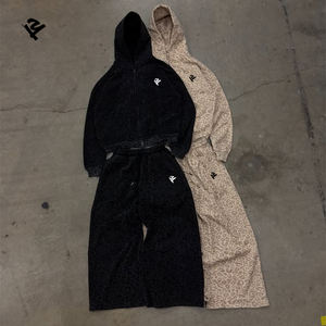 Tuta da donna con stampa leopardata, set con felpa con zip e cappuccio, giacca corta oversize, pantaloni a gamba larga, casual, loungewear, <span class=keywords><strong>streetwear</strong></span>, tendenza 2026 - Product Image 1