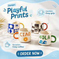 Ensemble de 4 tasses à café en céramique mouchetée CIAO HOLA, motif damier noir et blanc, poignée colorée, logo personnalisé, cadeau promotionnel