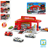 Ensemble de jeu multifonctionnel 3-en-1 HTL : Station-service, parking et voitures miniatures en métal moulé sous pression – Pour les 5 ans et plus, unisexe