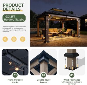 Gazebo en bois d'extérieur, gazebo à toit rigide, pavillon en bois <span class=keywords><strong>permanent</strong></span> avec toit double en acier galvanisé, pour patio, jardin, terrasse - Product Image 3
