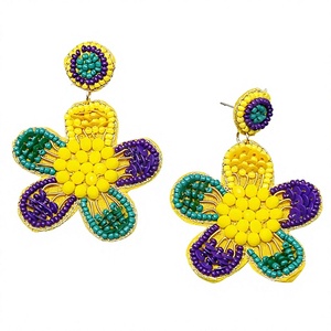 Purple Green Gold <b>Beaded</b> Silver Plated Flower Design Drop Earrings for Women Festive Accessory for <b>Mardi</b> <b>Gras</b> Carnival Parades - Product Image 4