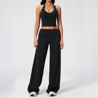 Ensemble de yoga 2 pièces pour femme, haut ajusté à col halter et dos nu et pantalon large à taille repliable