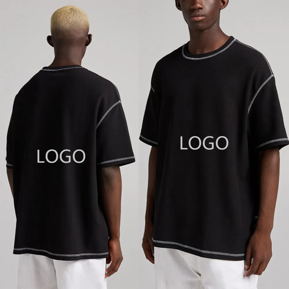 custom blank 100% cotton Crew Neck Tee Oversize Fit Cotton T Shirts Black Contrast Stitching T-shirt