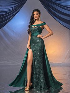 Gaun pesta wanita berpayet dengan model off-shoulder dan belahan paha tinggi, gaun malam yang mempesona, gaun pesta korset ketat berkilauan - Product Image 3