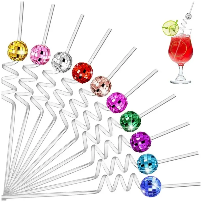 Pajitas decorativas de plástico Pajita curvada para beber Pajita de bola de espejo brillante para discoteca Party Bar