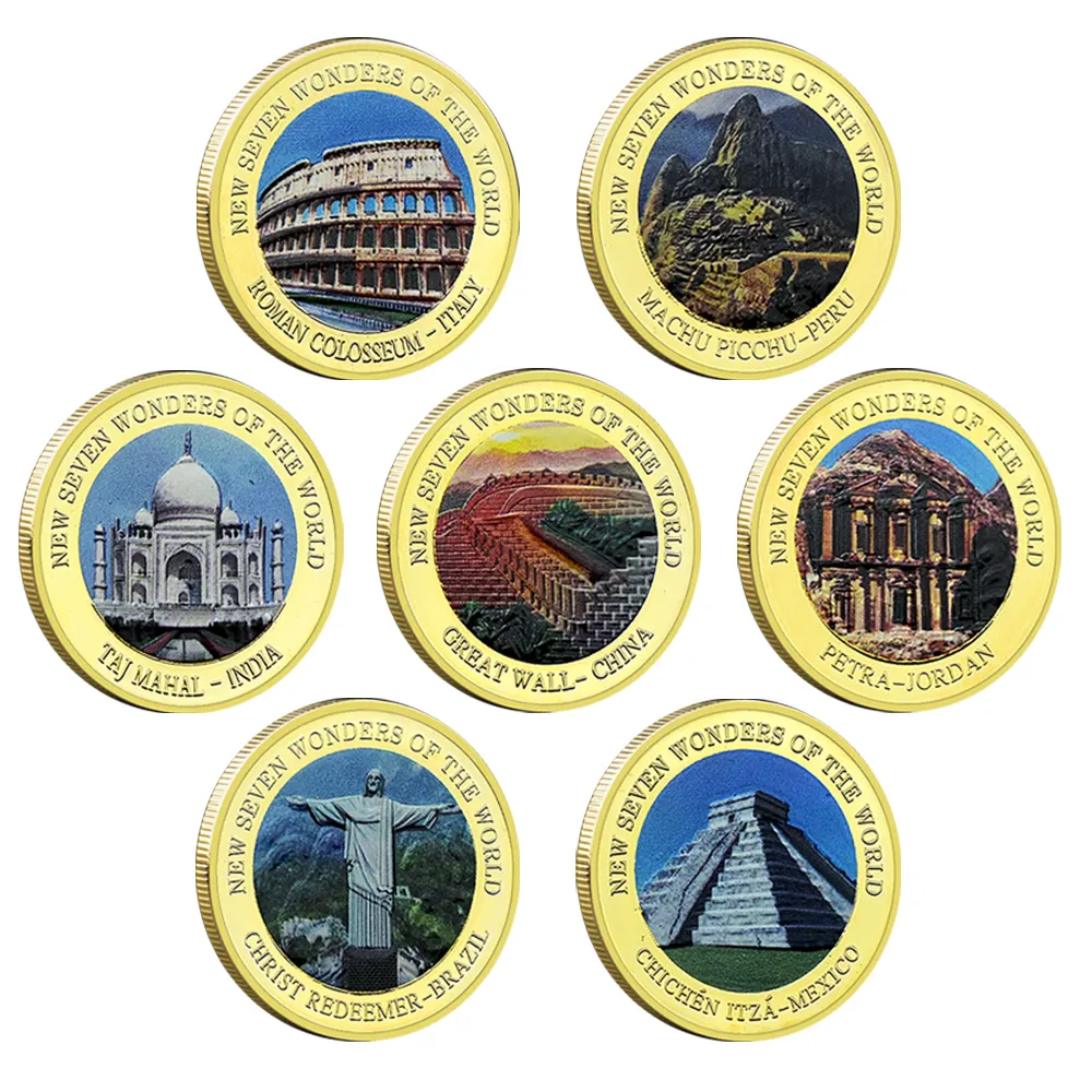 Nueva colección de monedas chapadas en oro coloridas de las siete maravillas del mundo, medalla de Memoria Mundial de 2007 años en cápsula de plástico