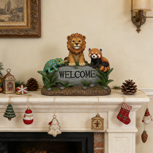 Statua da Giardino con Cartello di Benvenuto per Animali |   Statuetta in Resina di <span class=keywords><strong>Leone</strong></span>, Panda Rosso e Camaleonte per Decorazioni da Esterno |   Ornamento da Giardino Impermeabile - Product Image 1