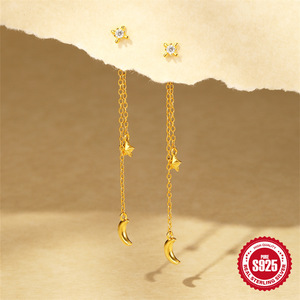 Đồ Trang Sức Mỹ 18K Mạ Vàng Dài Bông Tai Chuỗi Vermeil Đồ Trang Sức 925 Sterling Bạc Phụ Nữ Mặt Trăng Sao Tua Bông Tai - Product Image 4