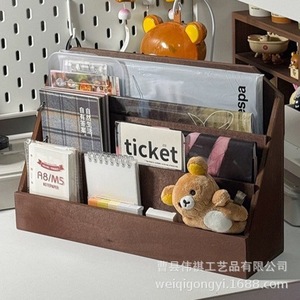 Handmade Wooden <b>Desktop</b> Bookshelf Journal <b>Shelf</b> Coffee Brown Rectangle Standing Type Office Organizer For Notebook Diary Storage - Product Image 3