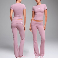 Ensemble de vêtements de yoga pour femmes, t-shirt à manches courtes moulant, pantalon de yoga évasé en coton tricoté brodé, ensemble deux pièces