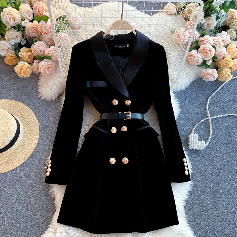 Wholesale winter clothes 2020 new women's suit collar temperament British style double breasted slim fitting velvet dress