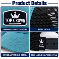 Casquette de camionneur promotionnelle personnalisée OEM ODM avec patch brodé, face en daim, dos en maille respirante et fermeture à pression réglable