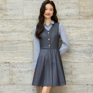 College Style Teacher Vest Dress A-Line Solid Color Turn-down Collar Comfortable Work Clothes Autumn Uniform - Product Image 1