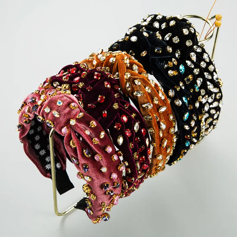 Fashion Designer Retro Baroque Hair Accessories Golden Velvet Hand Sewn Rhinestone Luxury Beaded Headband For Women
