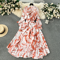 Robe décontractée pour femme, style français élégant, en mousseline de soie, mi-longue, à imprimé floral, avec nœud à lacets au col, écologique et respirante, pour l'été