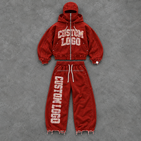 Ensemble sweat à capuche zippé rouge et pantalon de survêtement large pour homme, avec ourlet effiloché et imprimé lettres, style streetwear, OEM ODM