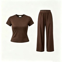 Ensemble deux pièces décontracté de haute qualité pour femme : Haut de sport élastique à manches courtes coupe ajustée + Pantalon taille haute à jambes larges Aloe
