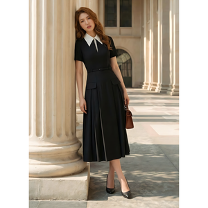 Vestido de Oficina Negro para Mujer, Listo para Enviar, Manga Corta, Cuello Blanco, Falda Midi Plisada, Ropa Elegante de Negocios, Servicios OEM ODM - Product Image 1