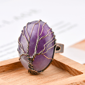 Bague en pierre naturelle avec arbre de vie, anneau réglable, fait à la main, style rétro, Vintage, fil de cuivre, ovale, pierres précieuses, cristal de guérison - Product Image 3