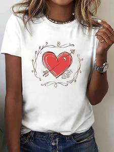 T-Shirt da Donna con Stampa Cuore, Manica Corta, Girocollo, 100% Cotone, Casual, Primavera-Estate, Tessuto Jersey, Vestibilità Regolare - Product Image 3