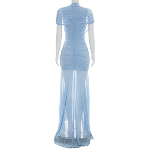 Robe longue plissée Viviblook D26DS113 pour femme, nouvelle collection, couleur unie, maille transparente, manches courtes, idéale pour les fêtes et anniversaires - Product Image 5
