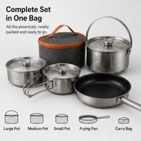 Set Peralatan Masak Lipat 4 Bagian Bahan Stainless Steel Ringan untuk Luar Ruangan, Kapasitas 4L, Kompatibel dengan Kompor Gas, Wajan untuk Memasak saat Berkemah