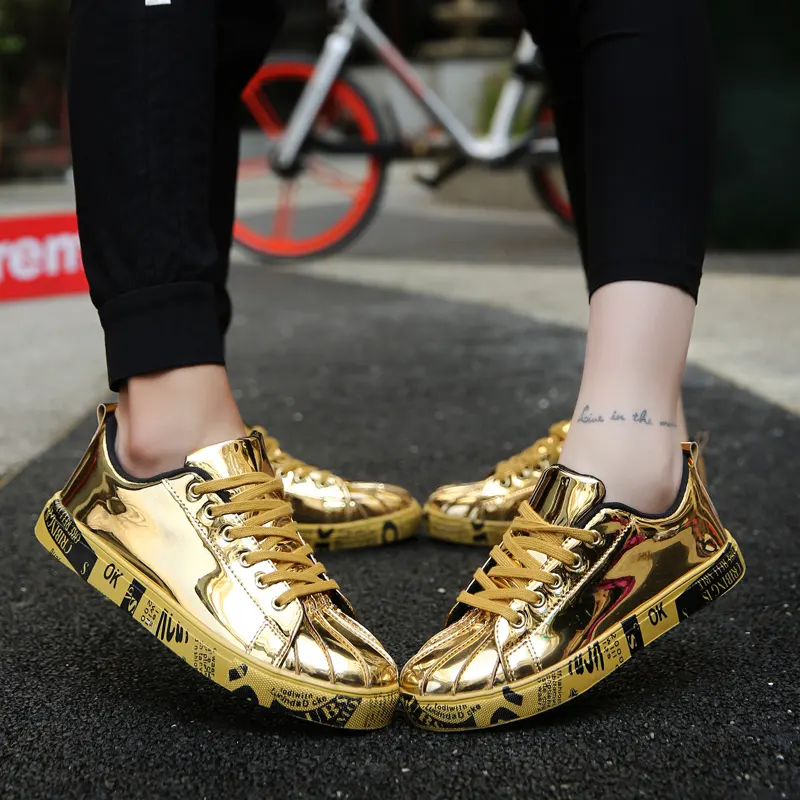 2023 pure gold shiny all-match patent leather couple sneakers American street style graffiti skateboard shoes for men and women