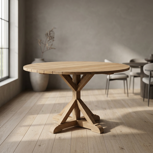 Rustic <b>Round</b> Teak <b>Dining</b> <b>Table</b> with X-Base Design Durable <b>Solid</b> <b>Wood</b> Construction Assembled Modern Home Furniture - Product Image 3