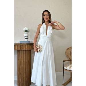 Robe de cocktail blanche en crêpe, dos nu, style licou, taille naturelle, respirante - Product Image 4