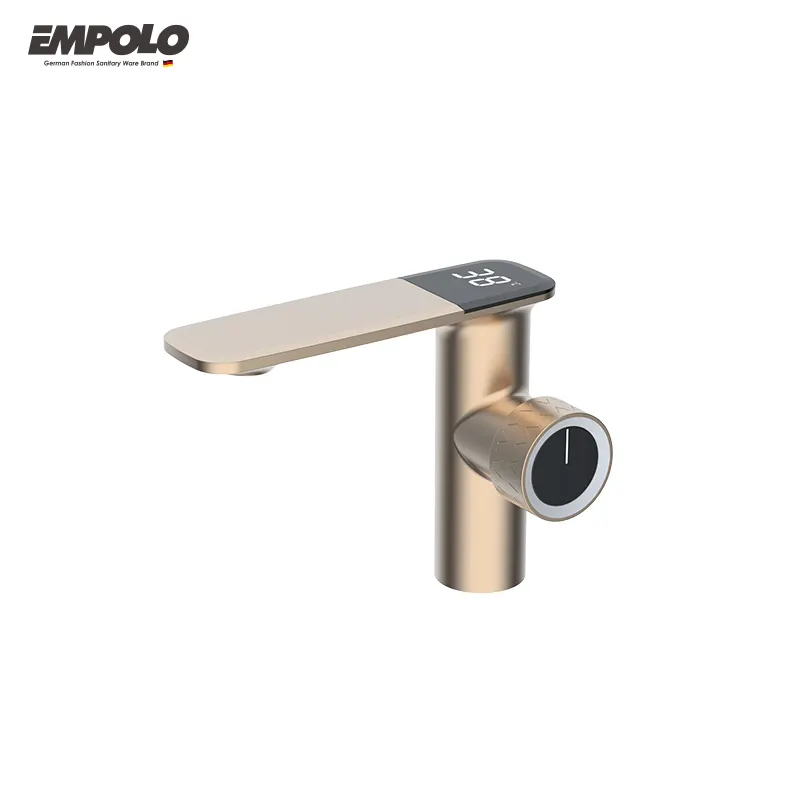 Empolo bathroom colored faucet digital golden champagne brass wash basin hotel faucet with temperature tap temperature display