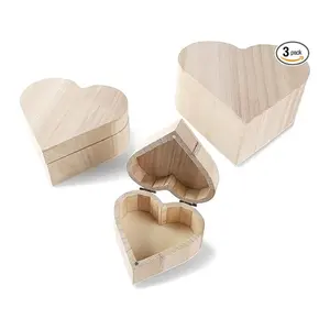 Unfinished Heart Shape Unpainted Wood Storage Box Diy Decor Wooden Jewelry Box Cover With Magnetic Hinge