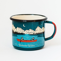 Mug de camping en émail fait main très apprécié 350 ml sans BPA, vierge pour sublimation, logo personnalisé, finition mate rouge/bleu, compatible lave-vaisselle et micro-ondes