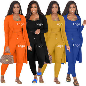 Cárdigan de punto acanalado con logotipo personalizado para mujer y ropa de salón de manga larga, conjunto de pantalones de otoño informales de 3 piezas con pantalones largos acanalados - Product Image 1