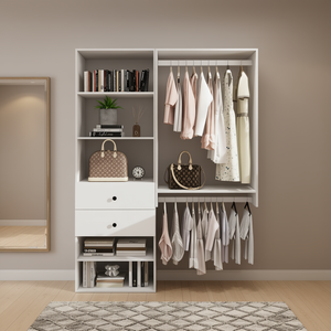 Organiseur de placard modulaire blanc moderne 54,6 po x 17,16 po x 70,2 po, armoire de chambre à coucher avec 2 tiroirs, 6 étagères et tringles de suspension - Product Image 2