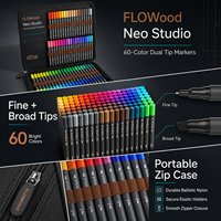 FLOWood Neo Studio – Lot de 60 marqueurs d'art à double pointe (fine et biseautée) avec étui portable à fermeture éclair