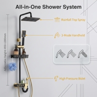 Système de douche thermostatique avec pommeau pluie, douchette bidet, barre coulissante, affichage numérique, noir mat, pour usage domestique