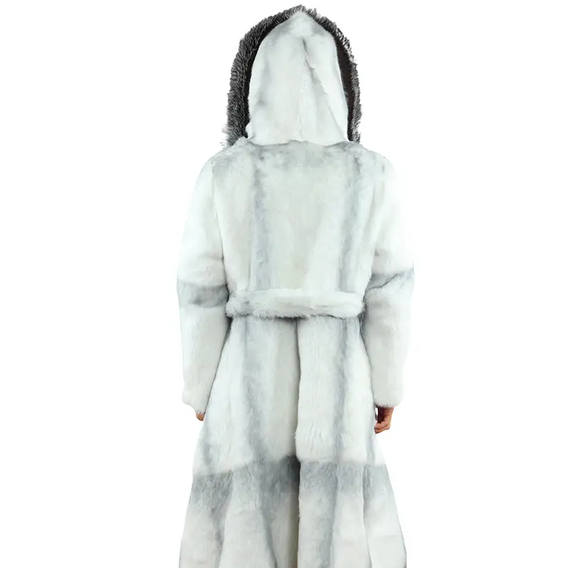 Mantel bulu kelinci rex wanita, jaket musim dingin dengan bulu rubah perak berkerudung bulu hangat indah bersabuk