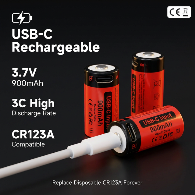 CE Certification 3C High Discharge Rate CR123A 3.7V 700mAh/900mAh Rechargeable Lithium Battery with USB Type-C Charging Port