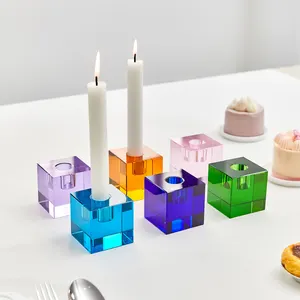 공장 사용자 정의 가정 장식 다채로운 유리 Tealight 촛대 귀여운 사각형 크리스탈 유리 캔들 홀더