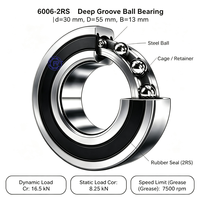 Roulement à billes à gorge profonde 6006 2RS 30x55x13mm en acier chromé, à une rangée