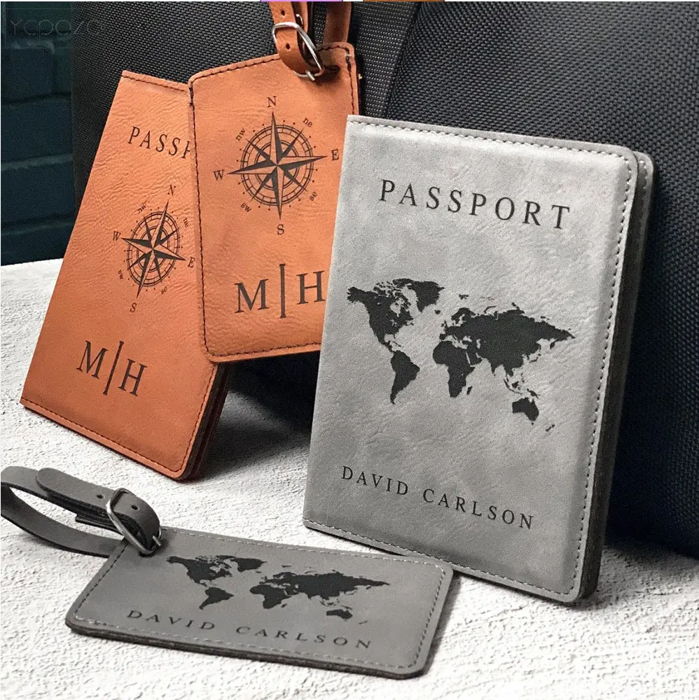 Hôtel voyage bas prix passeport couverture en cuir porte-carte étiquette de bagage café gris cuir carte du monde charme pour passeport couverture Cus