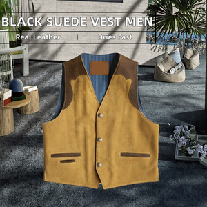Gilet en cuir suédé noir pour homme, vêtement d'extérieur d'hiver, col rabattu, boutons recouverts, poches avant, sans manches, grande taille, style urbain - Product Image 2