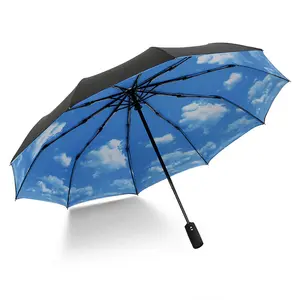 Portable Best Umbrella Brand Automatic Folding Travel Sky White Clouds Pattern Strong Compact Auto Umbrella for Wind and Rain