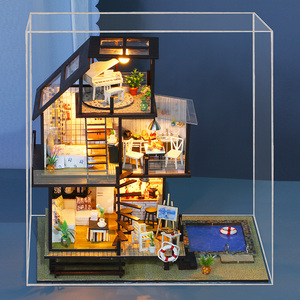 IIECREATE Juego <span class=keywords><strong>de</strong></span> <span class=keywords><strong>casa</strong></span> <span class=keywords><strong>de</strong></span> <span class=keywords><strong>muñecas</strong></span> en miniatura hecha a mano Hermosa Luz <span class=keywords><strong>de</strong></span> madera DIY <span class=keywords><strong>con</strong></span> piscina 3D Modelo ensamblado Muebles para adultos - Product Image 3